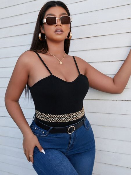 

plus graphic pattern cami bodysuit b825#, Black