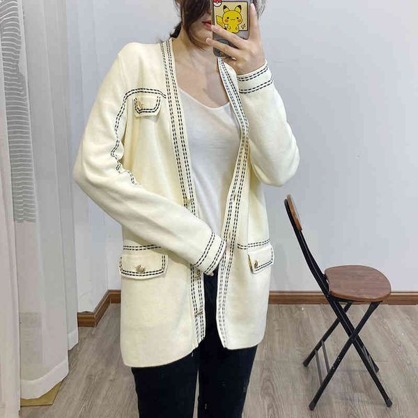 

women's knits & tees s family spring and summer v-neck open thread contrast color sweater women's ol straight tube medium long car, White