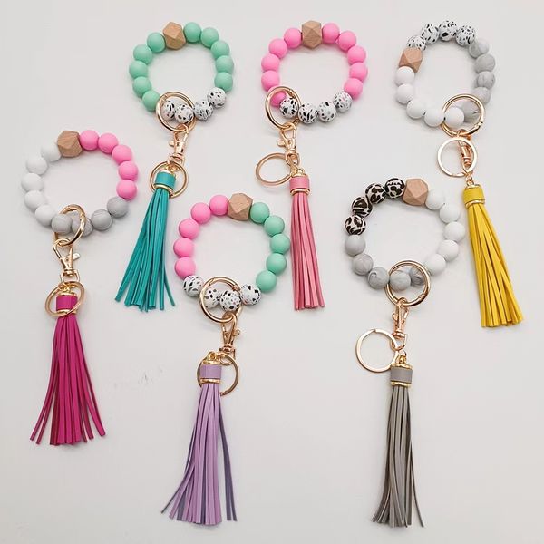 

cross-border food grade silicone beads bracelet keychain pu leather tassel pendant key ring wholesale female multi-color optional, Silver