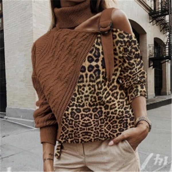Mode Rollkragen Eine Schulter Pullover Frauen Herbst Winter Leopard Patchwork Gestrickte Pullover Weibliche Langarm Tops 201201