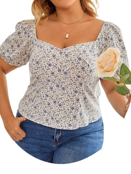 

frenchy plus ditsy floral sweetheart neck puff sleeve blouse j7rg#, Black