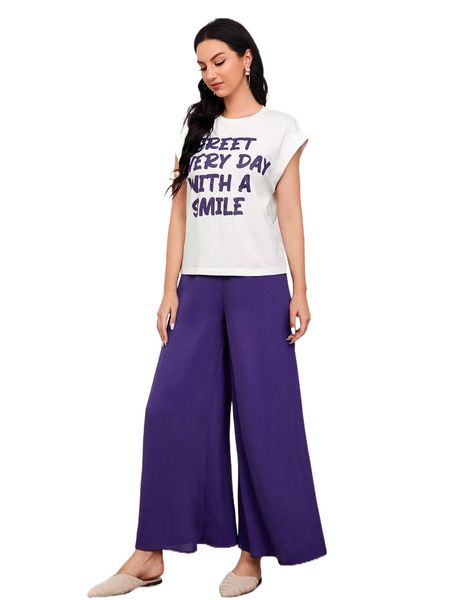 

slogan graphic batwing sleeve tee & wide leg pants 656c#, White