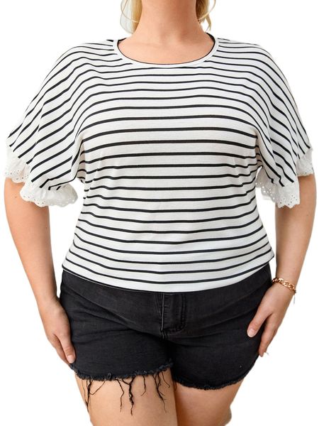 

plus striped print eyelet embroidery trim tee c3kv#, Black