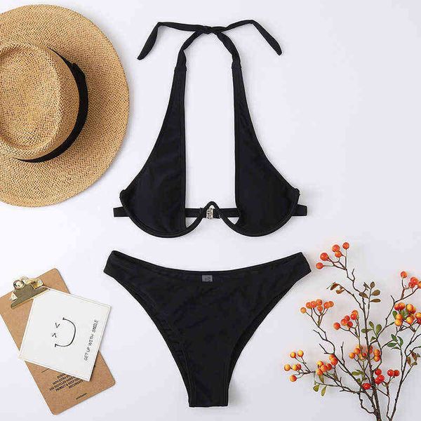

solid color 2022 swimsuit split neck swimsuit bikini, White;black