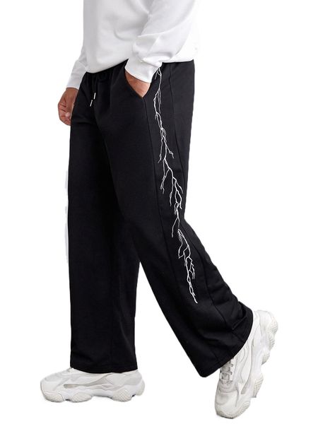 

men lightning print drawstring waist sweatpants h1l1#, Black