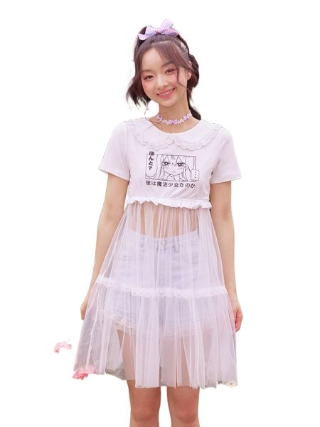

kawaii cartoon graphic contrast mesh statement collar dress q7fy#, Black;gray