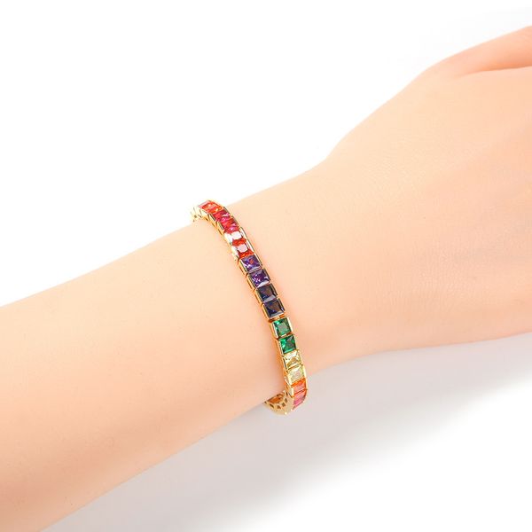 

designer square diamond bracelets jewelry tennis colorful fashion cubic zirconia bracelet mens women handsome hip hop jewelry 14-18cm, Golden;silver