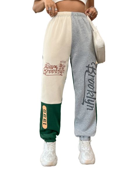 

mountain & letter graphic colorblock sweatpants d54a#, Black;white
