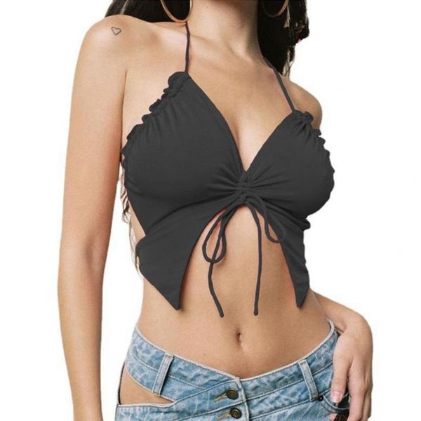 Camicette da donna Camicie Donna Ruffles Spaghetti Strap Crop Tops Sexy Scollo a V Cravatta Nodo frontale Sheer Shirring Farfalle Forma Halter Sling Cl