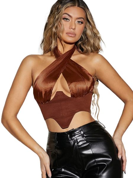 

satin crisscross self-tie halter neck crop b6oh#, White