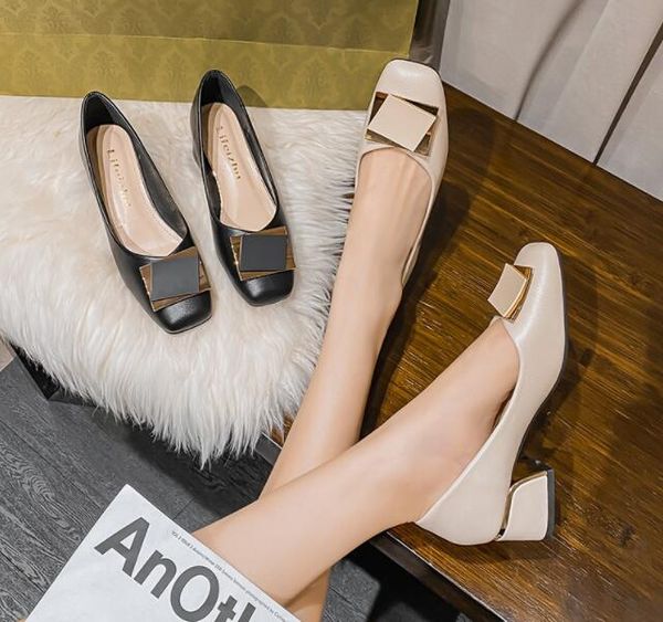 

2022 women leather pumps shoes office lady med square heel toe slip on work shoes classic size: eu35-43, Black