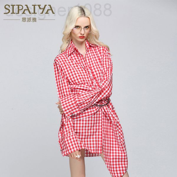 

casual dresses designer spaya 2021 spring new korean plaid long sleeve dress lace up fashion irregular shirt skirt bzcq, Black;gray
