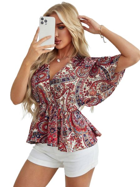 

paisley print wrap ruffle hem blouse y8cl#, White