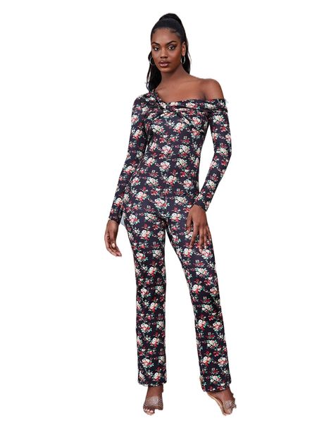 

random floral print twist front asymmetrical neck jumpsuit u9gx#, Black;white