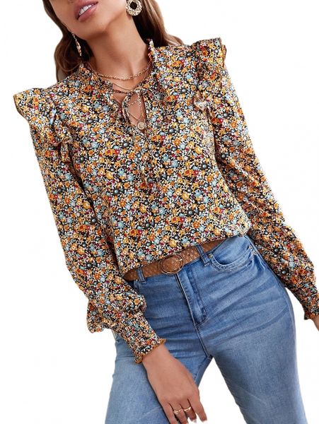 

ditsy floral print tie neck blouse u4t5#, White