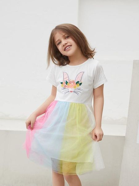 

toddler girls appliques detail contrast mesh dress she, Red;yellow