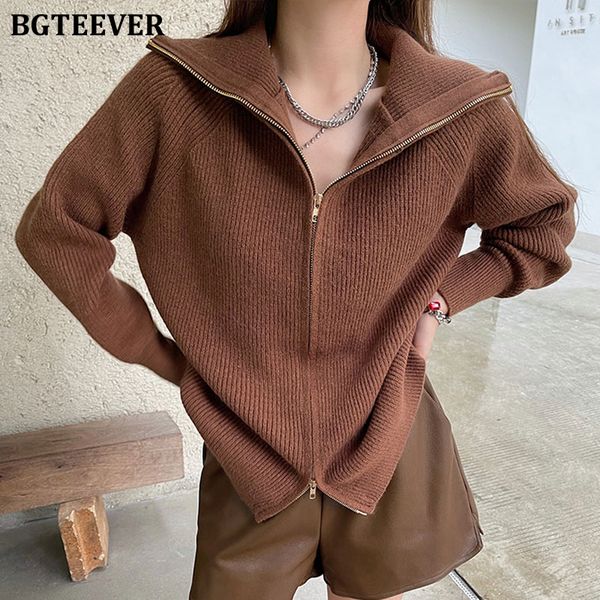

elegant turtleneck zippers women knitted cardigans 2021 autumn winter full sleeve loose female sweaters jacket, White;black
