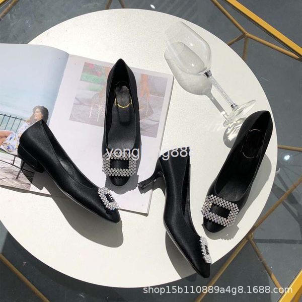 

dress shoes women's shoes high heels thick silk satin square head shallow mouth single shoe buckle bride's wedding, Black