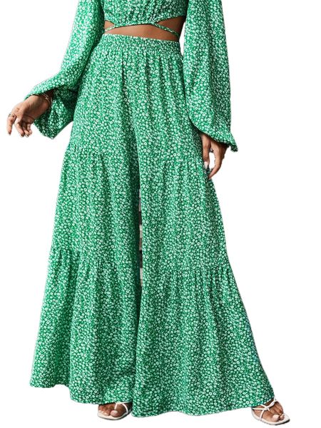 

bae ditsy floral ruffle hem wide leg pants g0gx#, Black;white