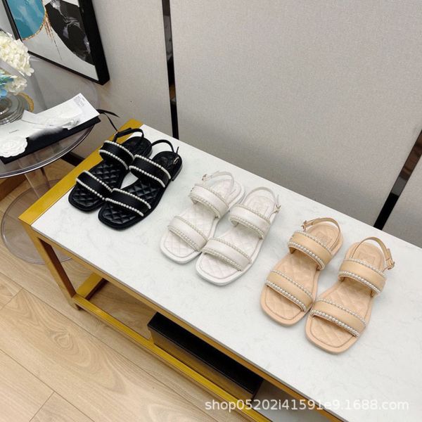 

sandals xiaoxiangxiang early spring sandals women's holiday series sheepskin pearl lingge square head flat roman shoes, Black