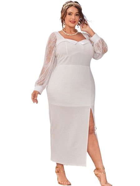 

plus split hem lace panel dress b3xo#, Black