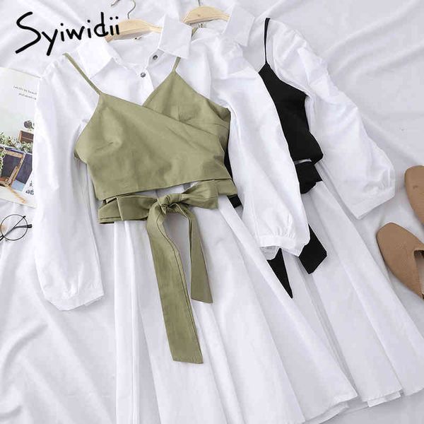 

2 piece sets blouse dress for women aline white puff sleeve shirt dresses with bow lace up green camis spring 210415, Black;gray