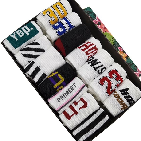 10 pares / pacote moda homens mulheres negras letras branco hip hop simples meias de algodão rua skate meia esportiva