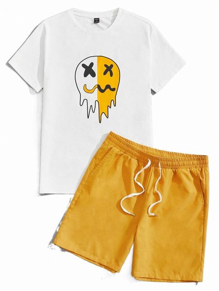 

men cartoon graphic tee & drawstring waist shorts h194#, Gray