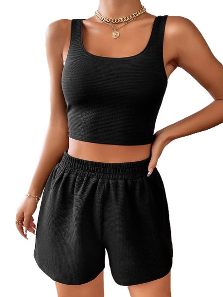 

solid crop tank & shorts n621#, White