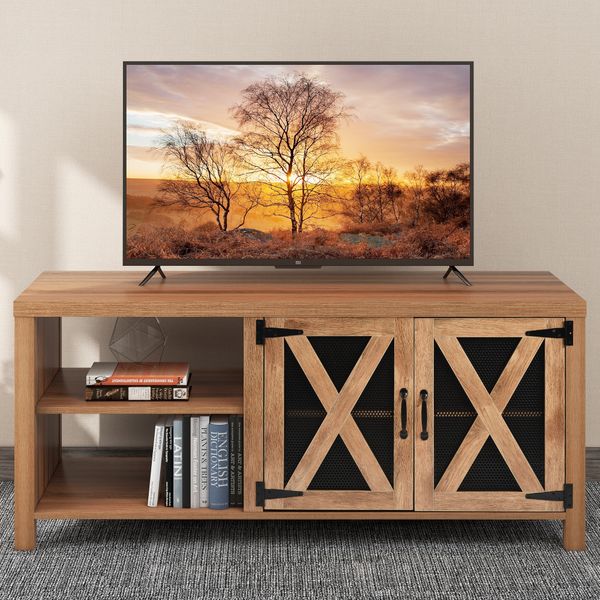 

u-style tv stand with barn door, 2 open compartments, cable management, tv table for tvs up to 57 inches
