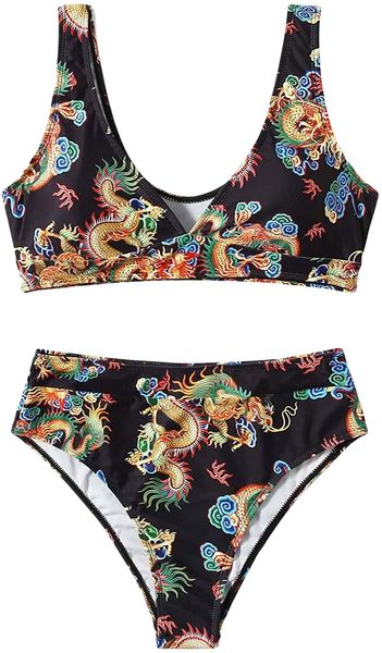 

women's dragon print swimwear set high waisted bikini swimsuits i9e3#, White;black
