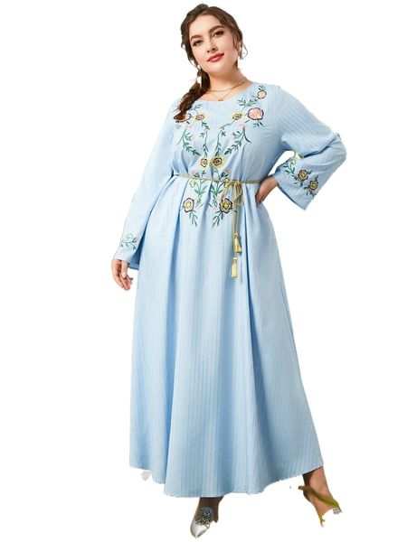 

plus striped floral embroidery tassel belted maxi dress 23io#, Black