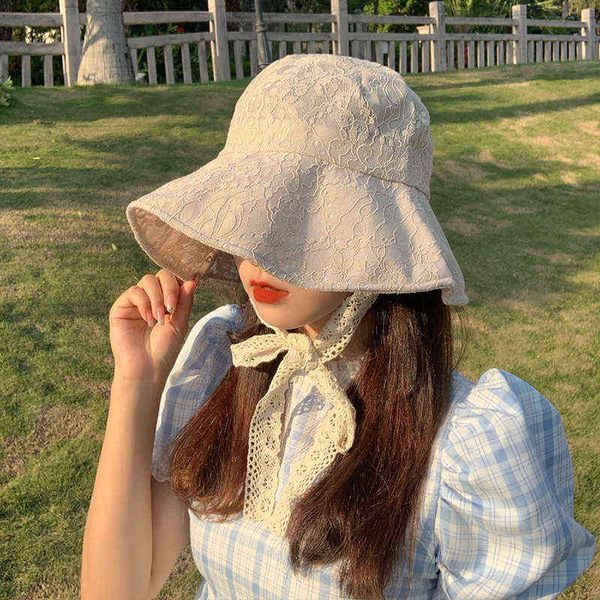 

omea lace bucket hat women cute floral fisherman hat summer beach visor adjustable ribbon wide brim bonnet elegant cap luxury y220702, Blue;gray