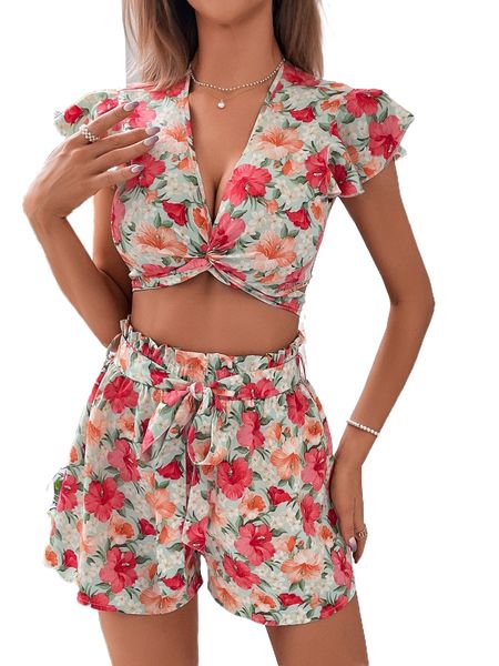 

allover floral print twist hem crop & paperbag waist belted shorts j24o#, White