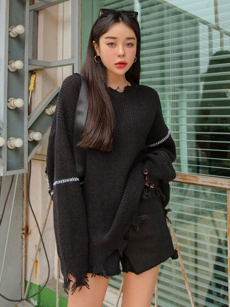 

dazy drop shoulder oversized distressed sweater h2j7#, White;black