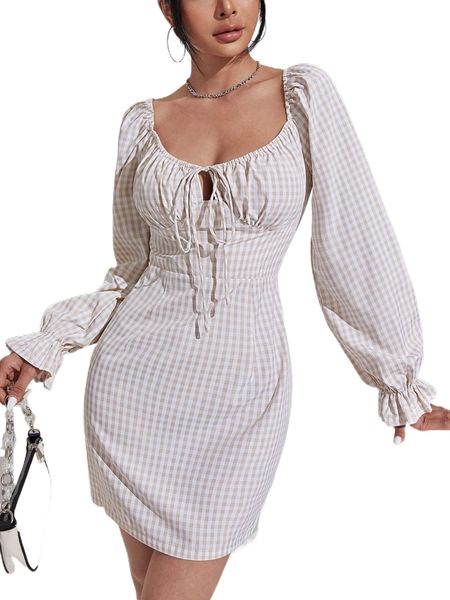 

gingham tie front flounce sleeve dress k84l#, Black;gray