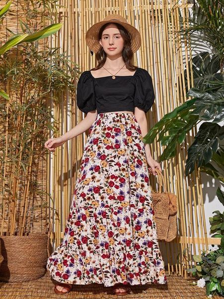 

teen girls solid puff sleeve crop & floral print skirt she, White