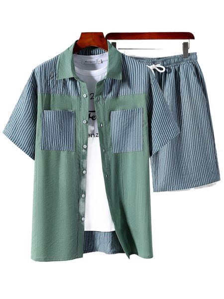

men striped dual pocket shirt & drawstring waist shorts without tee f2am#, Gray