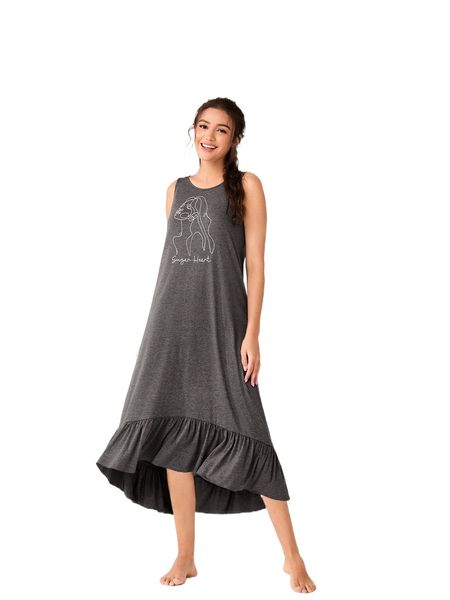 

letter & abstract figure graphic high low ruffle hem nightdress u2fr#, Black;red