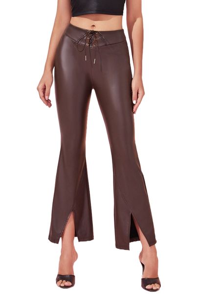 

x kys grommet lace up split hem pu leather flare leg pants l3m1#, Black;white