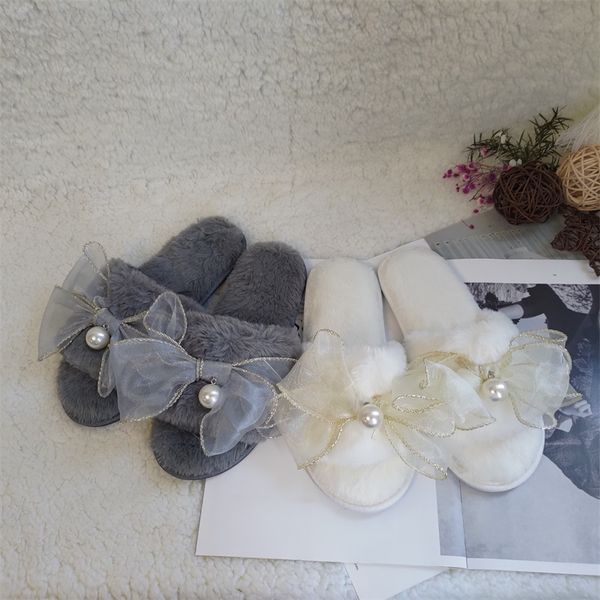 

autumn and winter slippers custom temperament bow thick plush open toe warm, Black