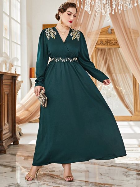 

plus scroll embroidery puff sleeve belted dress y84z#, Black