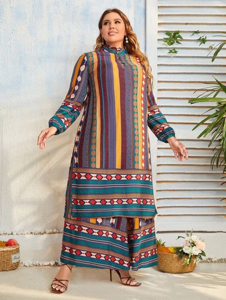 

plus allover print mock neck split hem tunic & pants set z89g#, Black