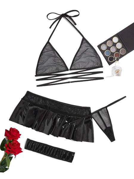 

plus 4pack crisscross tie back patent lingerie set 51ys#, Black;white