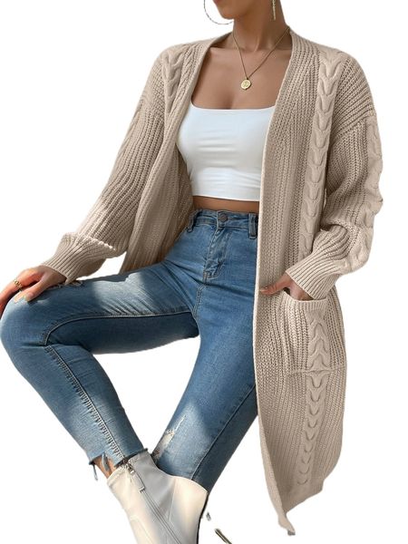 

cable knit dual pocket drop shoulder cardigan e8l2#, White;black