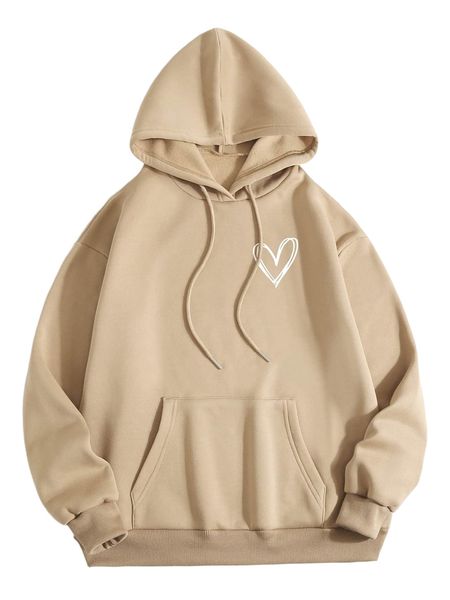 

heart print thermal lined drawstring hoodie n1bz#, Black