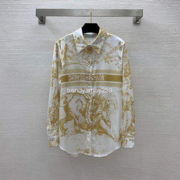 

women's polos light feeling silky fabric animal jungle ink painting printed arc hem long sleeve shirt, White