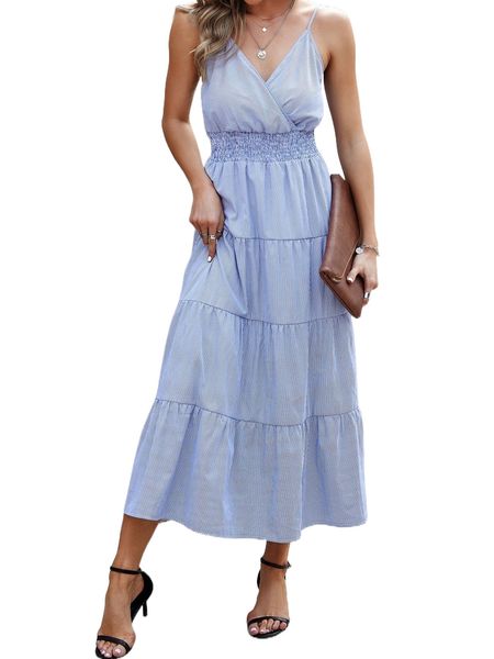 

surplice front shirred waist striped cami dress a7cw#, Black;gray