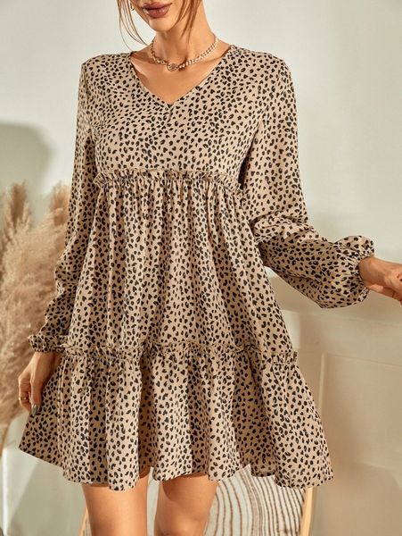 

leopard lantern sleeve ruffle hem smock dress u85o#, Black;gray