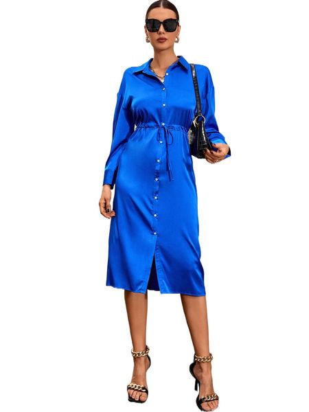 

drop shoulder drawstring waist shirt dress 74db#, Black;gray